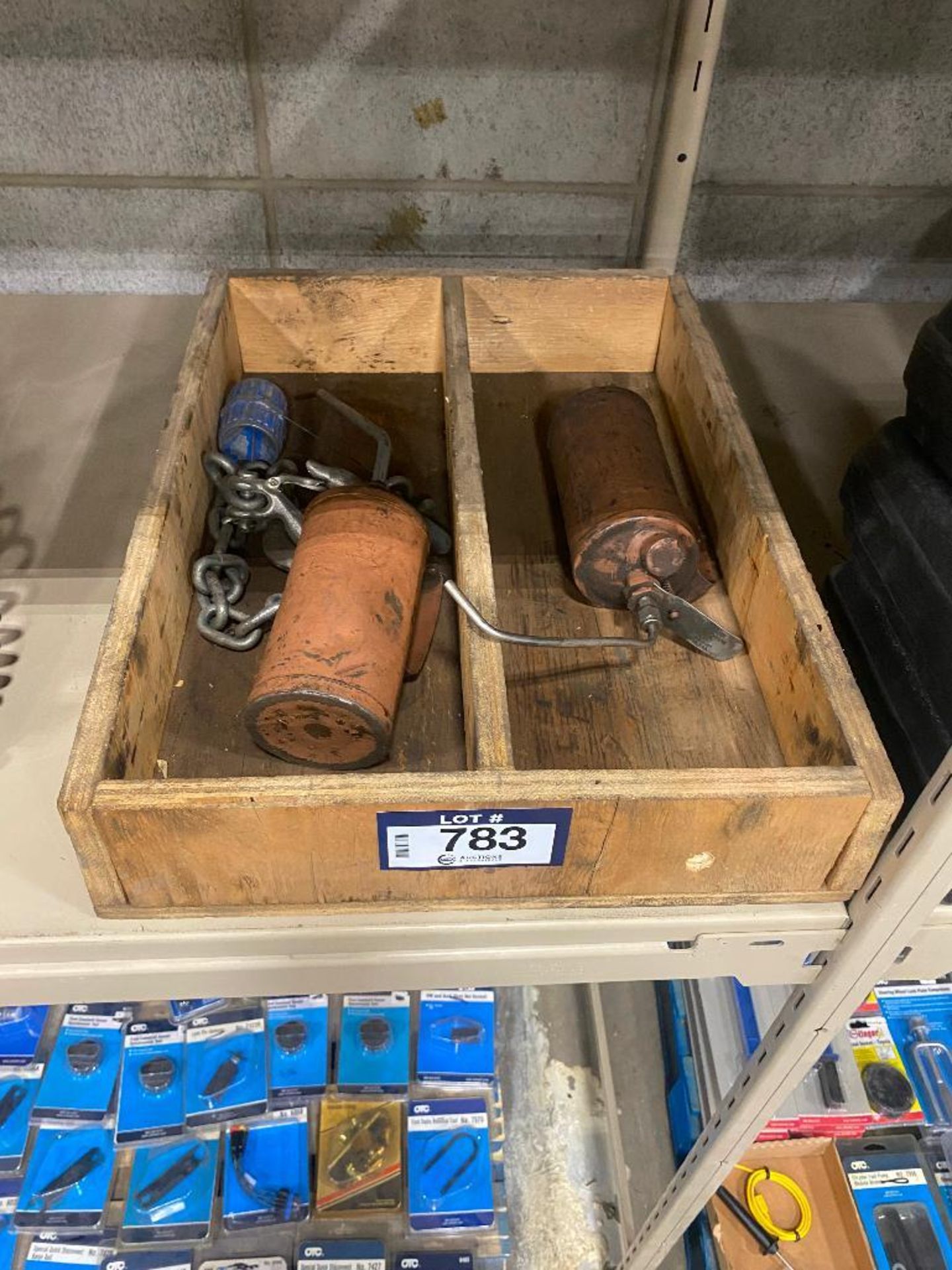 Lot of Wooden Storage Bin w/ (2) Lubrication Pumps, etc.