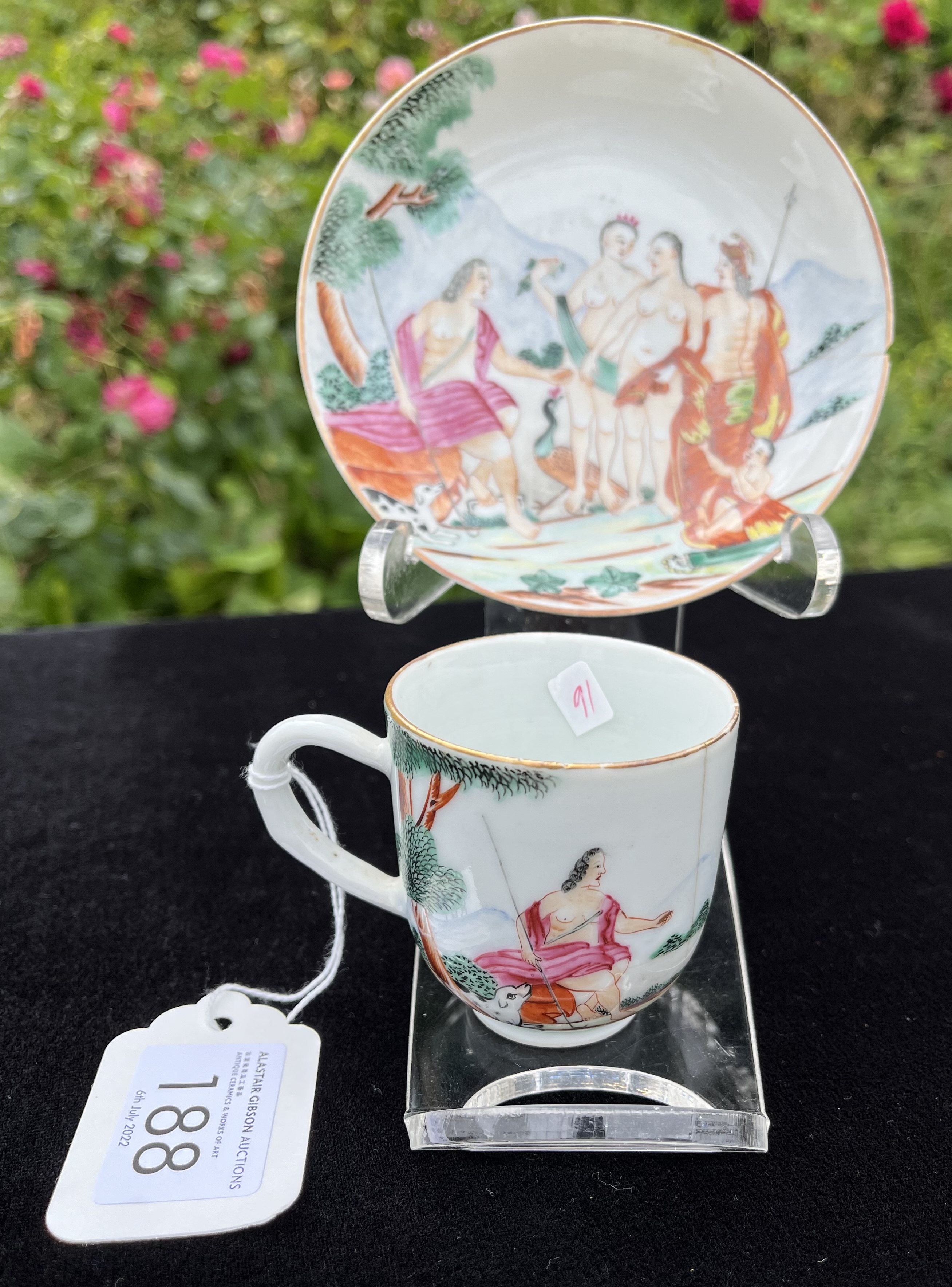 Ω TWO CHINESE EXPORT ‘FAMILLE-ROSE’ PORCELAIN ‘MYTHOLOGICAL’ SUBJECT COFFEE CUPS & SAUCERS, CIRCA 17 - Image 3 of 11