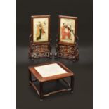 A PAIR OF CHINESE PAINTED MARBLE HARDWOOD TABLE STANDS, QING DYNASTY, LATE 19TH CENTURY