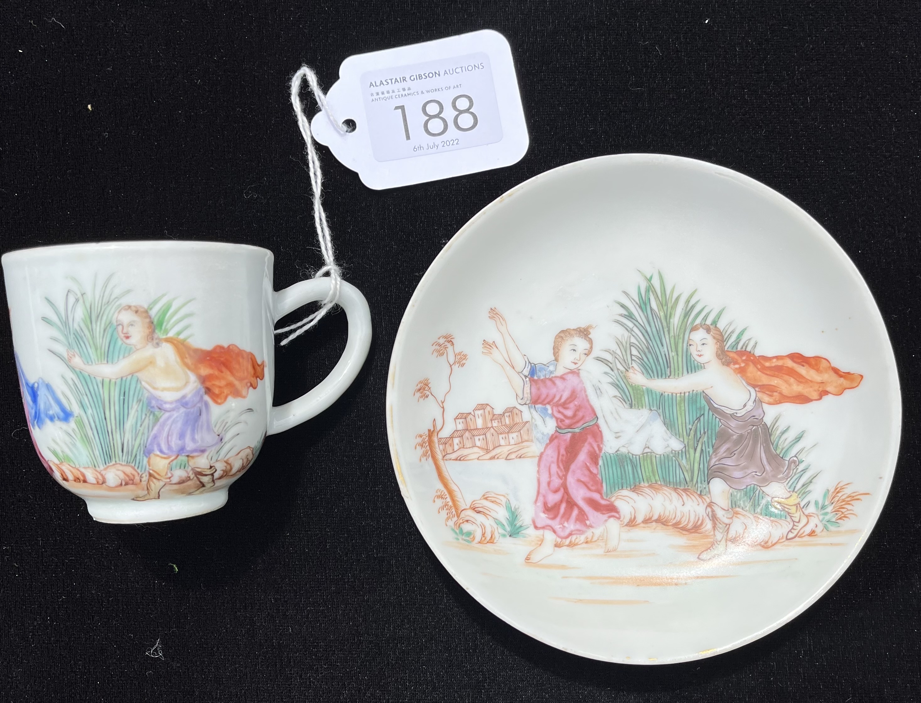 Ω TWO CHINESE EXPORT ‘FAMILLE-ROSE’ PORCELAIN ‘MYTHOLOGICAL’ SUBJECT COFFEE CUPS & SAUCERS, CIRCA 17 - Image 9 of 11