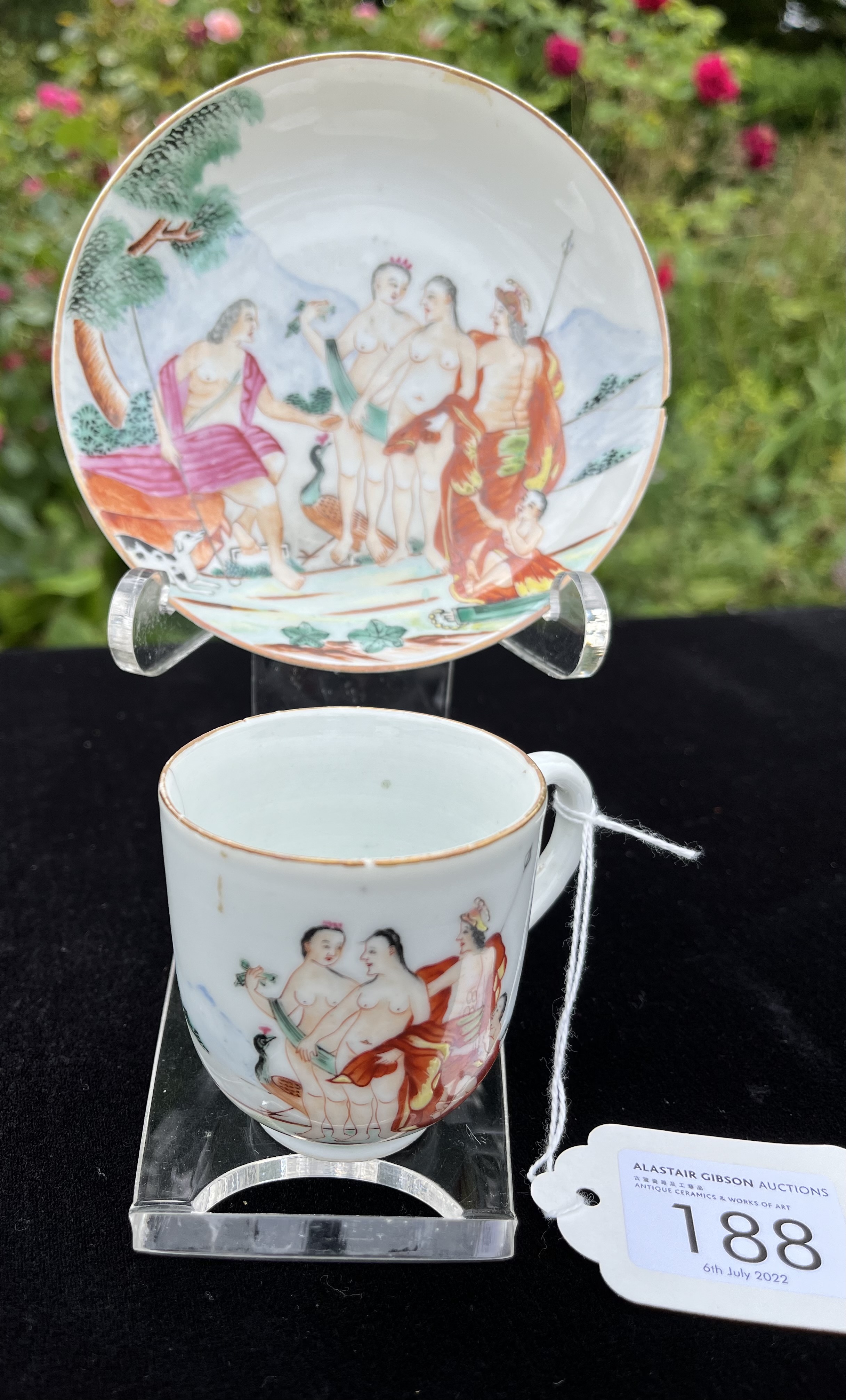 Ω TWO CHINESE EXPORT ‘FAMILLE-ROSE’ PORCELAIN ‘MYTHOLOGICAL’ SUBJECT COFFEE CUPS & SAUCERS, CIRCA 17 - Image 2 of 11