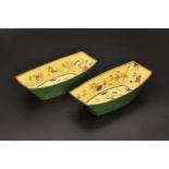 A RARE PAIR OF CHINESE ENAMEL BOAT SHAPED TRAYS, QIANLONG FOUR-CHARACTER MARKS AND OF THE PERIOD