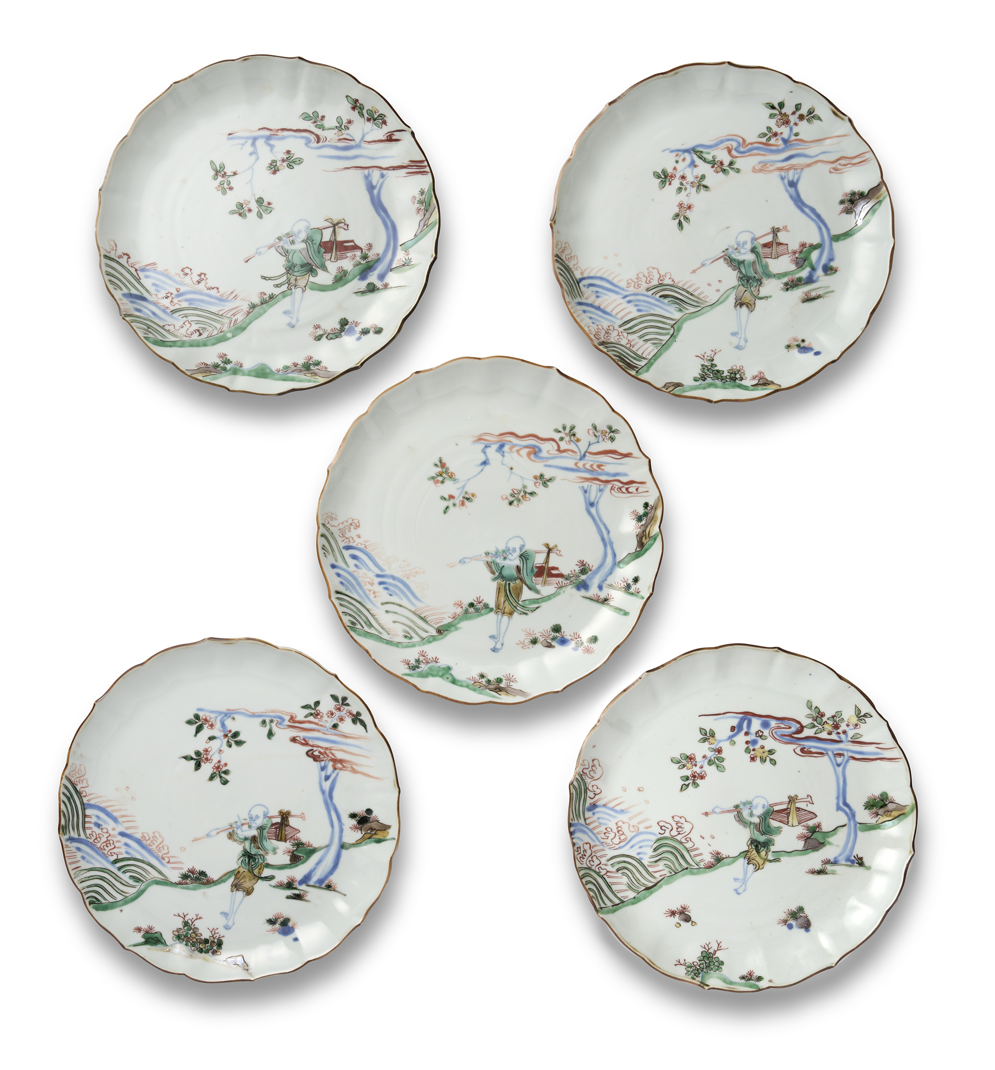 A SET OF FIVE CHINESE UNDERGLAZE-BLUE AND ENAMELLED SERVING DISHES, CHONGZHEN PERIOD, 1628 - 1644