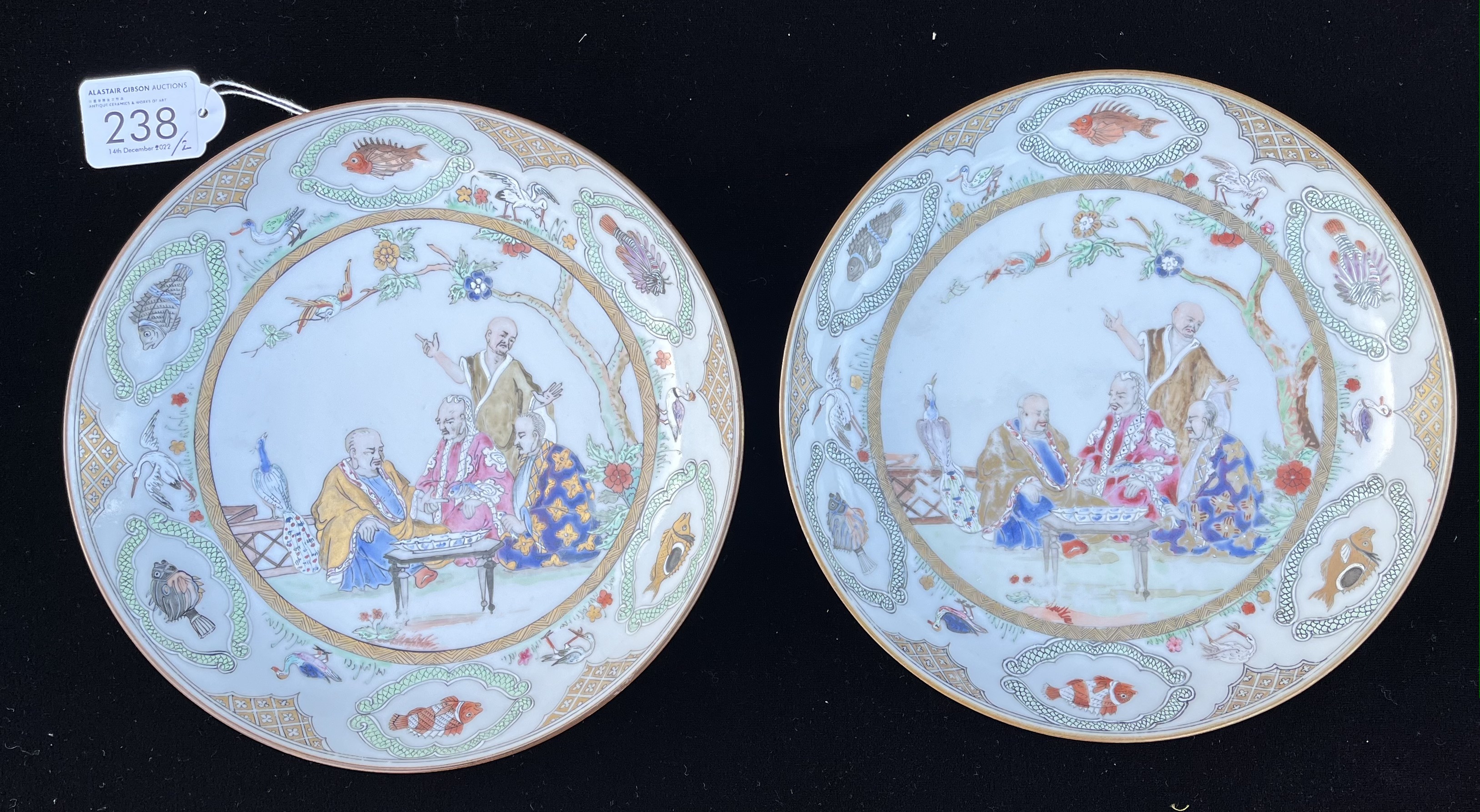 A PAIR OF CHINESE EXPORT ‘FAMILLE ROSE’ ‘PRONK DOCTOR’S VISIT' SAUCER DISHES, QIANLONG, CIRCA 1740 - Image 2 of 11
