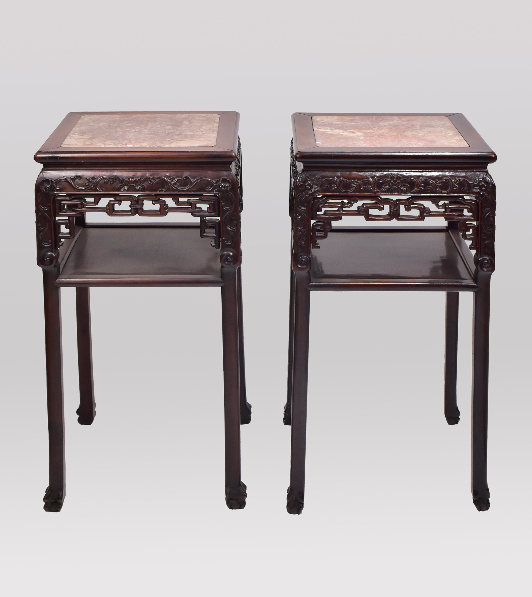 λ A PAIR OF CHINESE MARBLE-INSET SQUARE ROSEWOOD STANDS, LATE QING DYNASTY