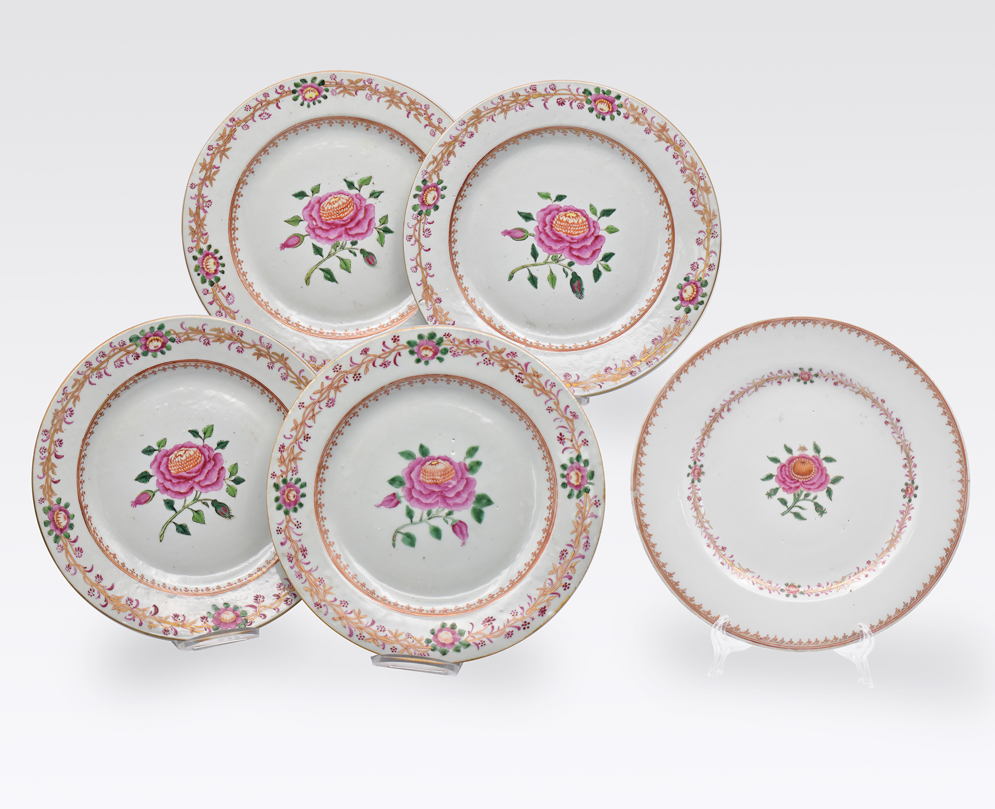 FOUR CHINESE EXPORT ‘FAMILLE-ROSE’ PORCELAIN ‘ADAM’S’ PATTERN PLATES, QIANLONG PERIOD, 1736 – 1795