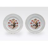 A PAIR OF LARGE CHINESE EXPORT FAMILLE-ROSE ARMORIAL DISHES, YONGZHENG PERIOD, CIRCA 1735