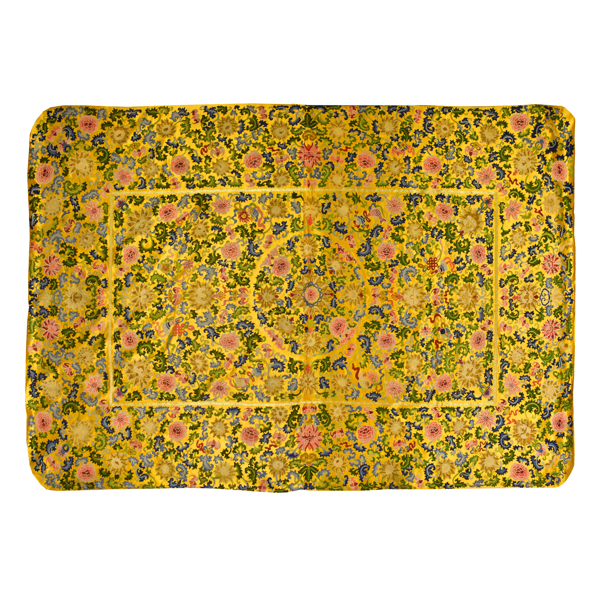 A LARGE CHINESE YELLOW-GROUND BAJIXIANG SILK PANEL, QING DYNASTY, 19TH CENTURY