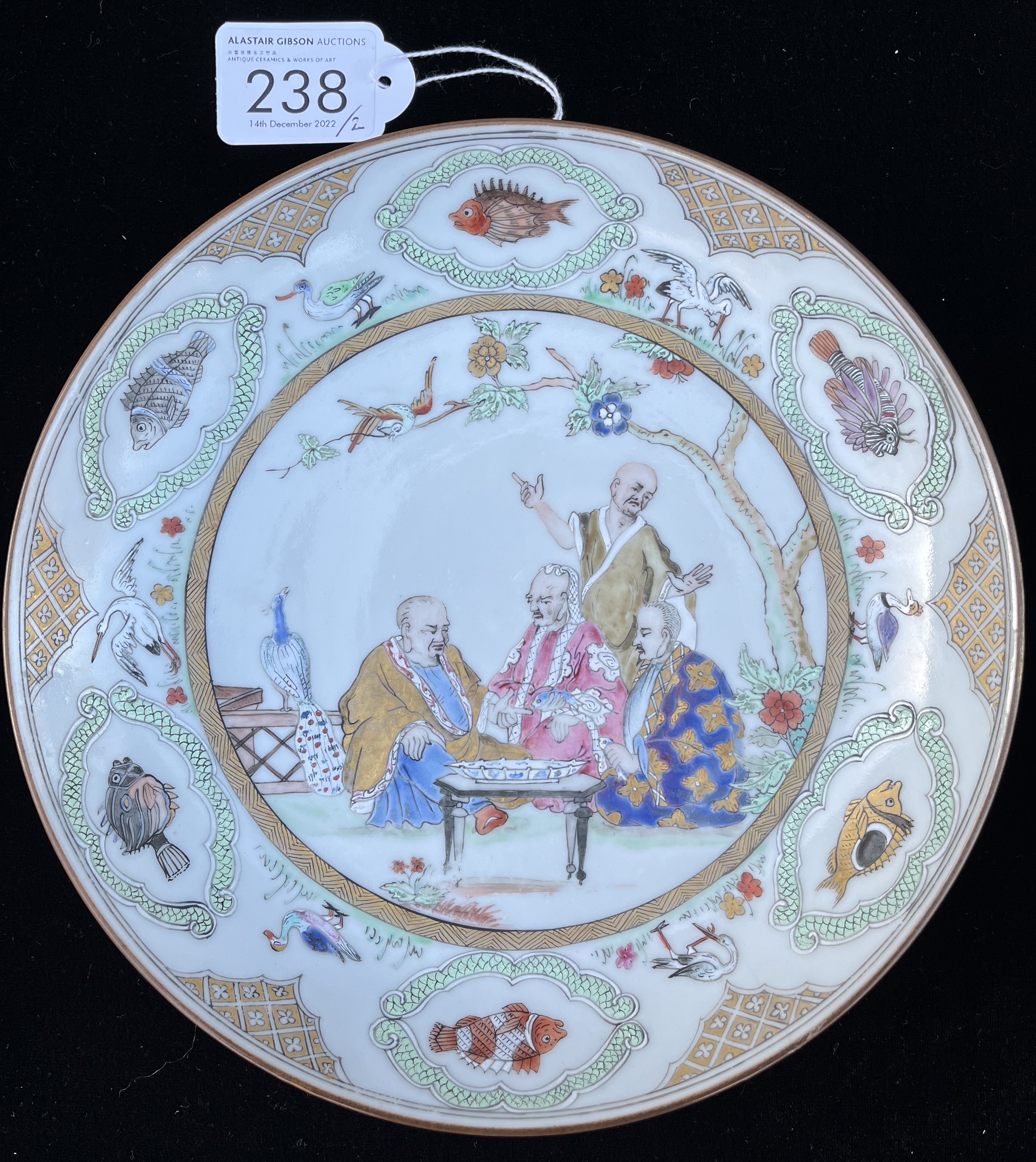 A PAIR OF CHINESE EXPORT ‘FAMILLE ROSE’ ‘PRONK DOCTOR’S VISIT' SAUCER DISHES, QIANLONG, CIRCA 1740 - Image 6 of 11