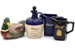 Ballantine's ceramic Duck decanter, a ceramic flagon, and two water jugs