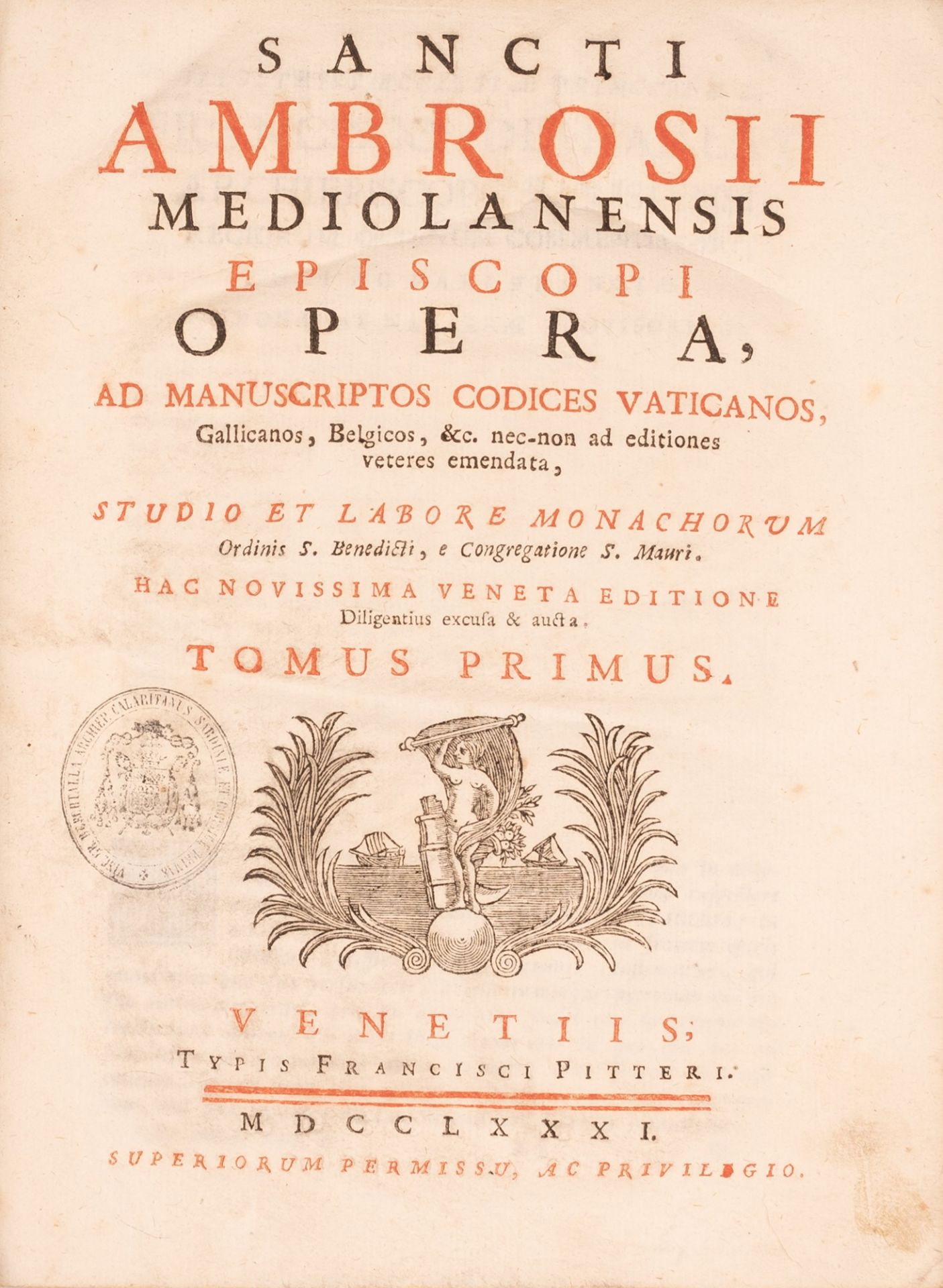 Sancti Ambrosii Mediolanensis Episcopi opera ad manuscrupitos codices vaticanos  Venetiis tipis Fran - Bild 3 aus 3