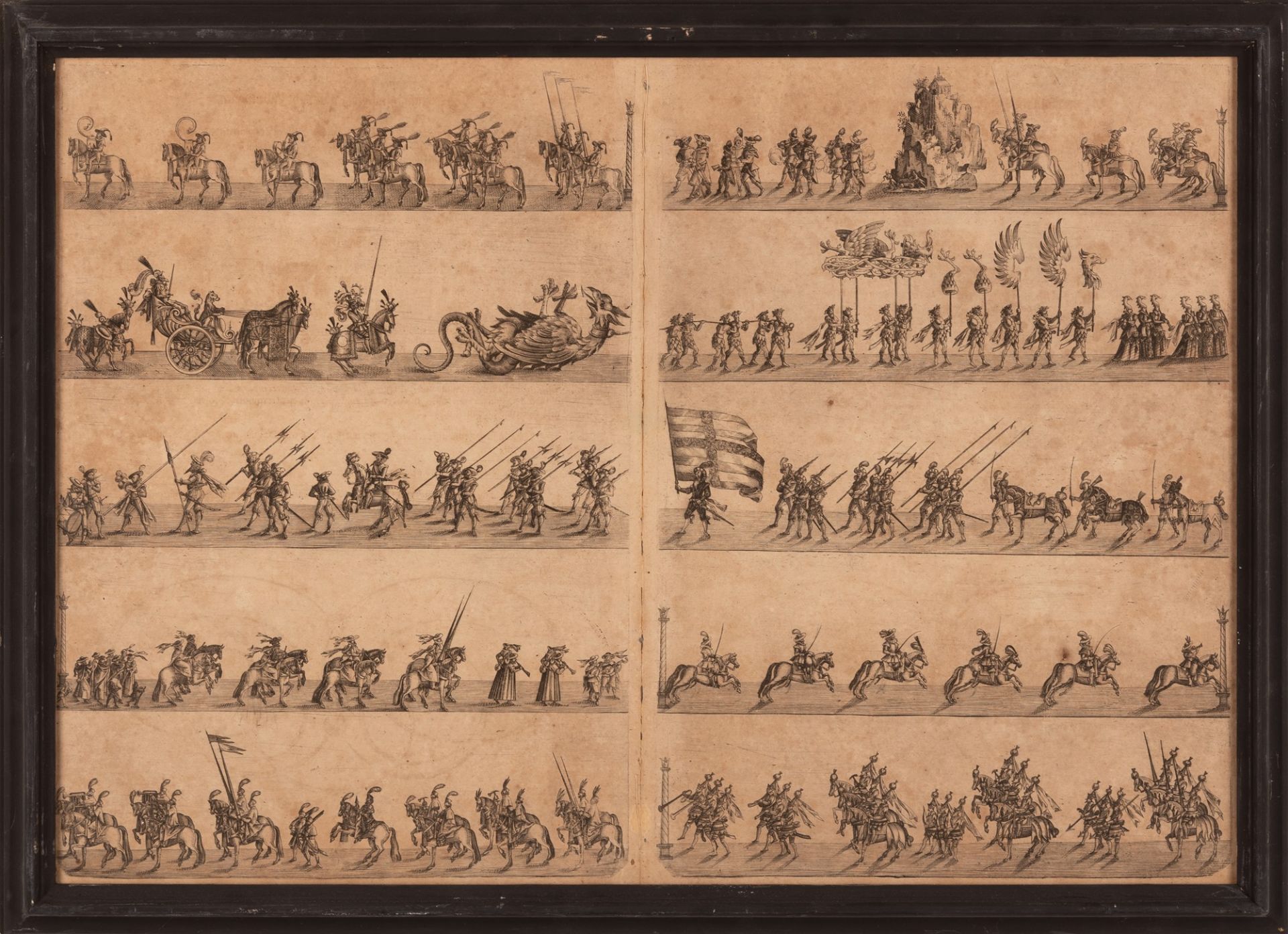 quattro incisioni  raffiguranti eserciti in marcia e animali fantastici in cornici nere che riprendo - Image 14 of 15