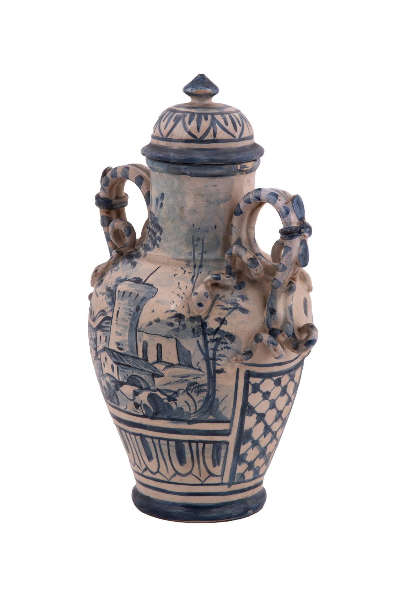  Coppia di vasi Savona con coperchio in ceramica bianca e blu - Image 4 of 9
