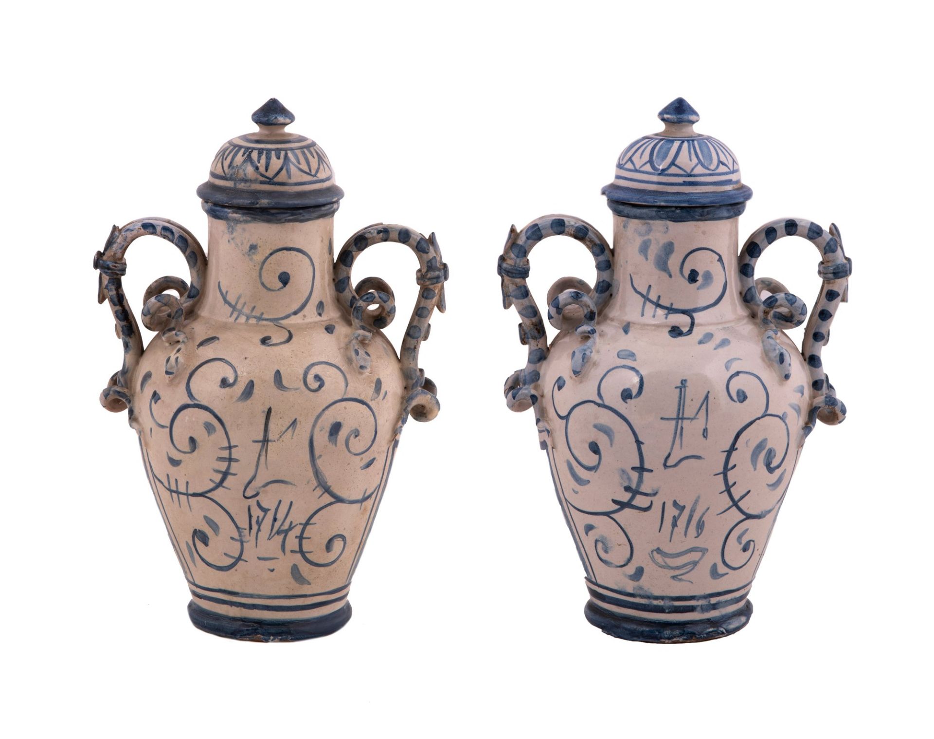  Coppia di vasi Savona con coperchio in ceramica bianca e blu - Image 3 of 9