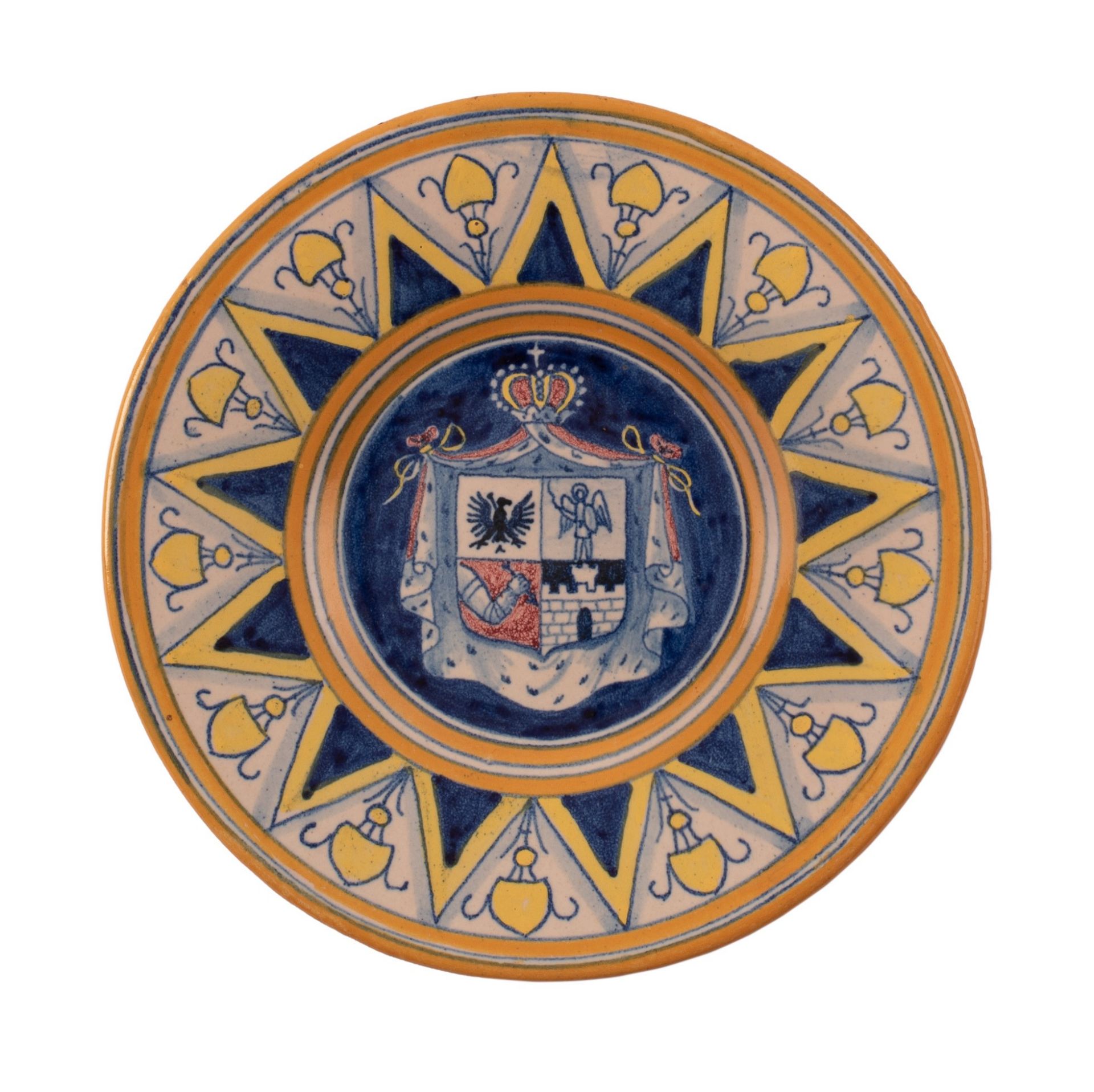  Piattino in maiolica gialla e blu con stemma araldico