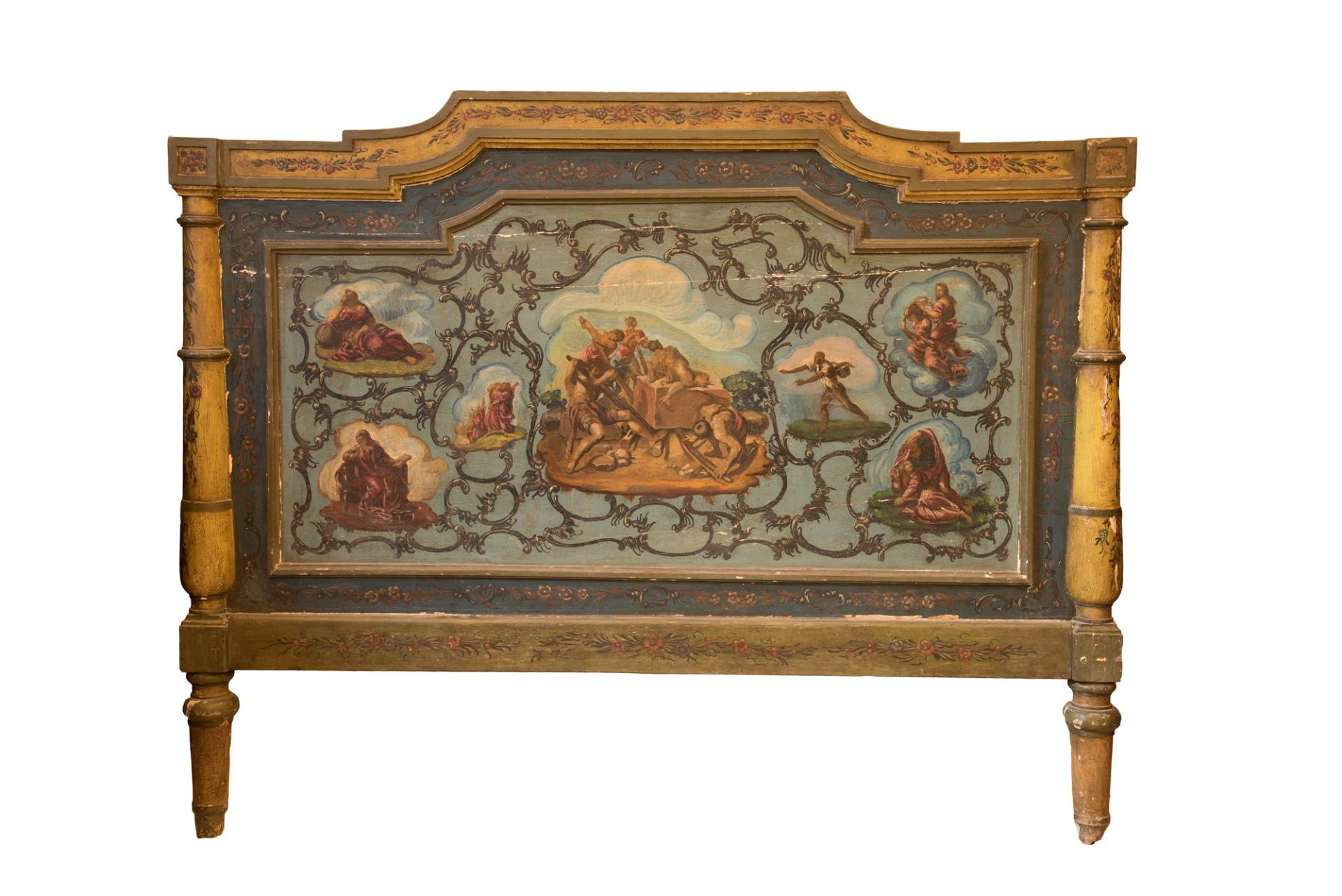 Manifattura marchigiana del XIX secolo Testata di letto in legno dipinto raffigurante la caduta di V