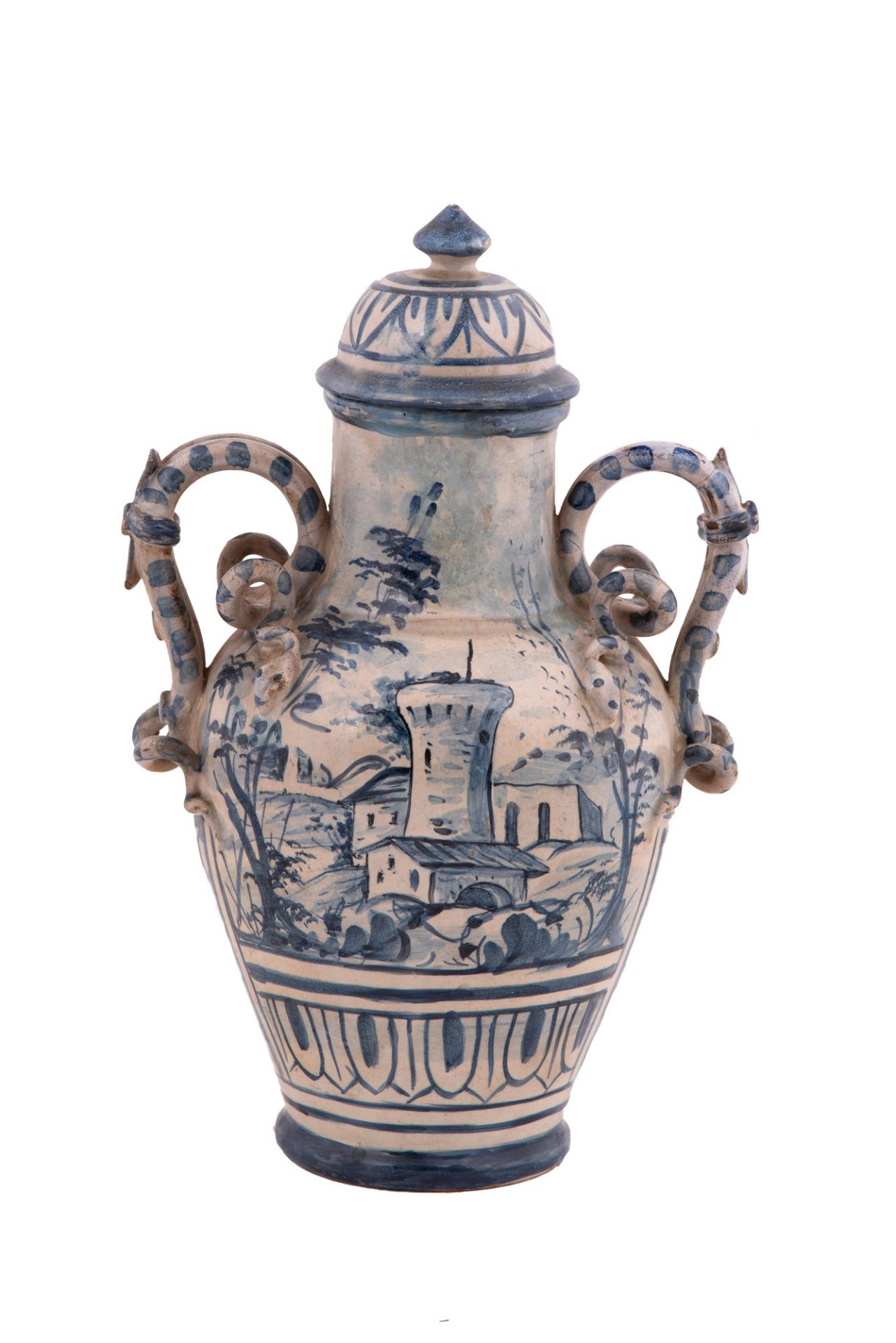  Coppia di vasi Savona con coperchio in ceramica bianca e blu - Image 9 of 9