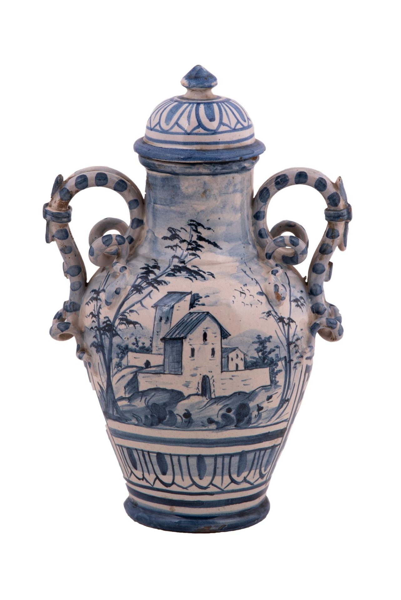  Coppia di vasi Savona con coperchio in ceramica bianca e blu - Bild 6 aus 9