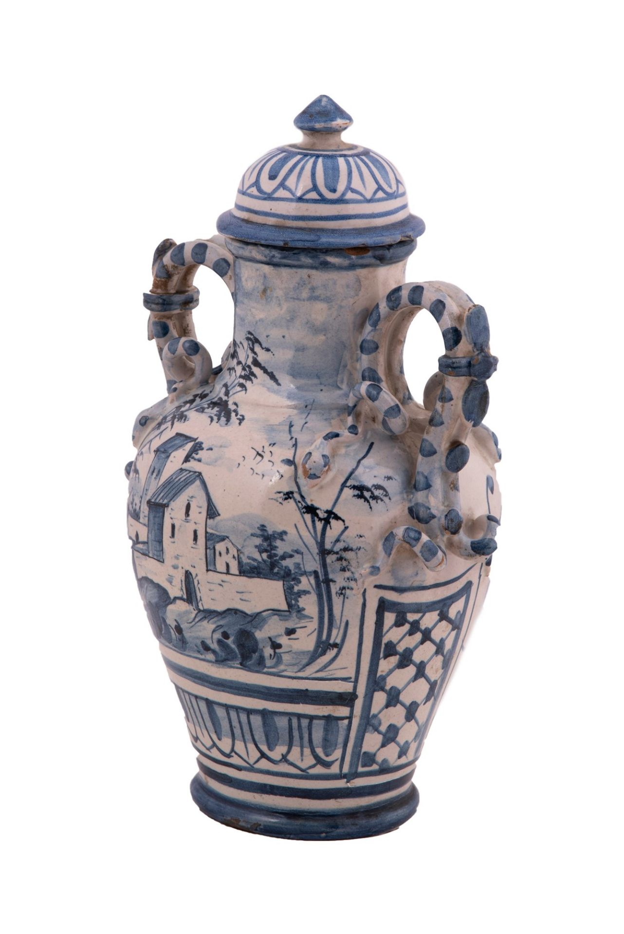  Coppia di vasi Savona con coperchio in ceramica bianca e blu - Image 7 of 9