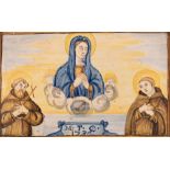 Mattonella maiolicata raffigurante la Vergine Maria tra i Santi Francesco d'Assisi e Antonio da Pado