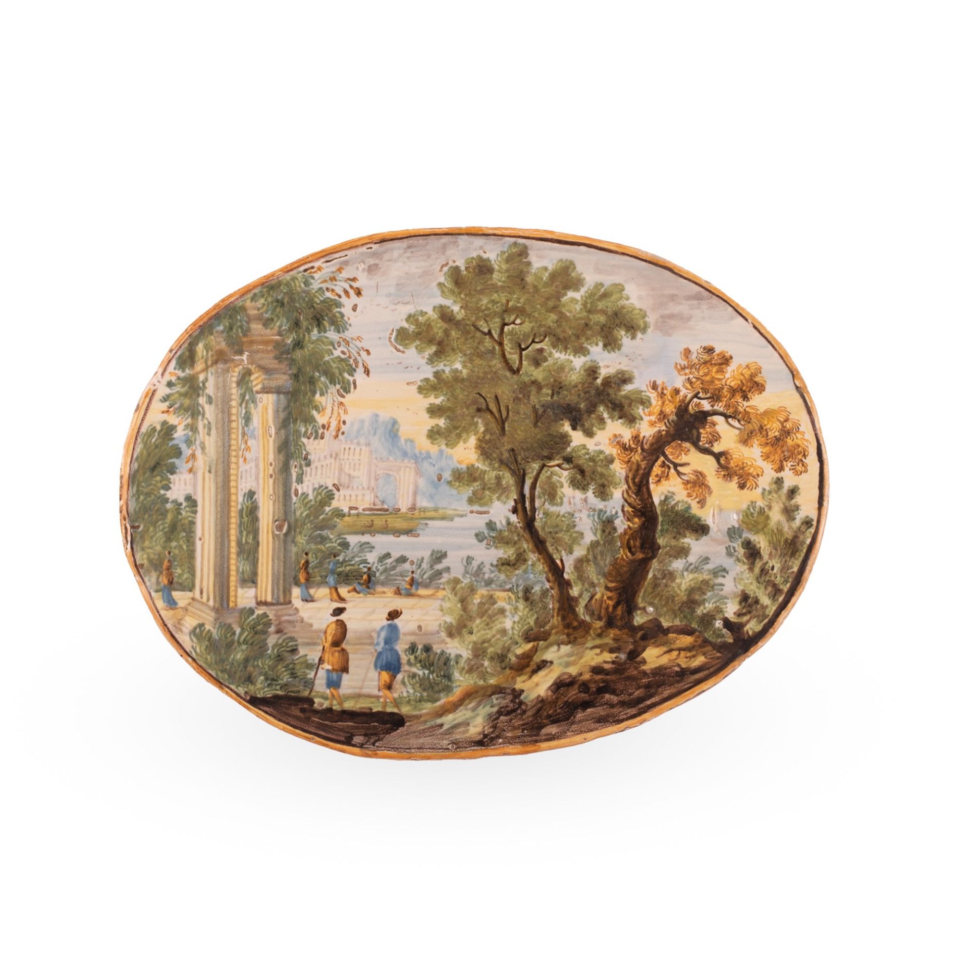 Mattonella ovale in maiolica decorata con un paesaggio