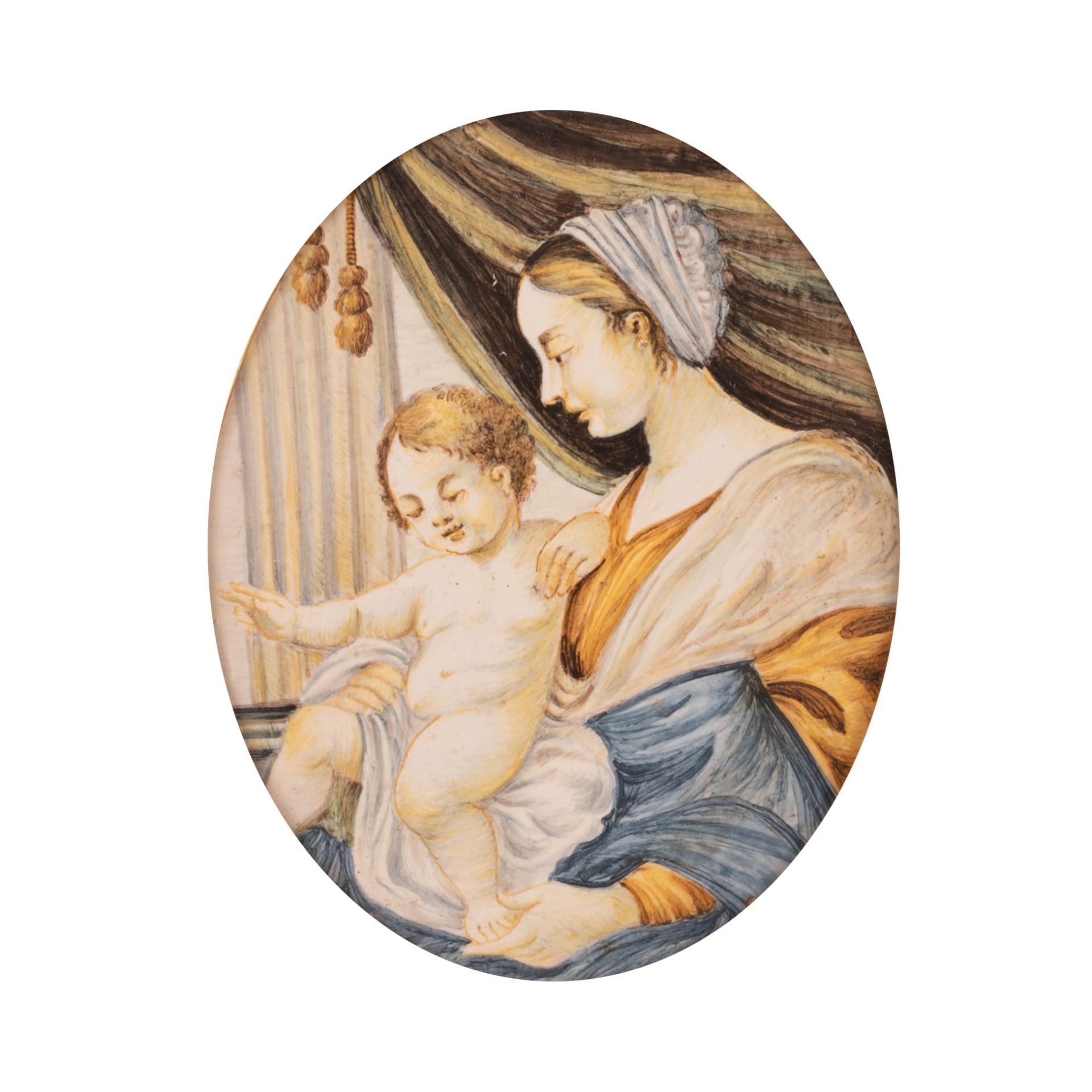 Mattonella ovale in maiolica raffigurante la Madonna con il Bambino Gesù