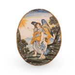Mattonella maiolicata ovale, raffigurante un bambino ed il suo angelo custode
