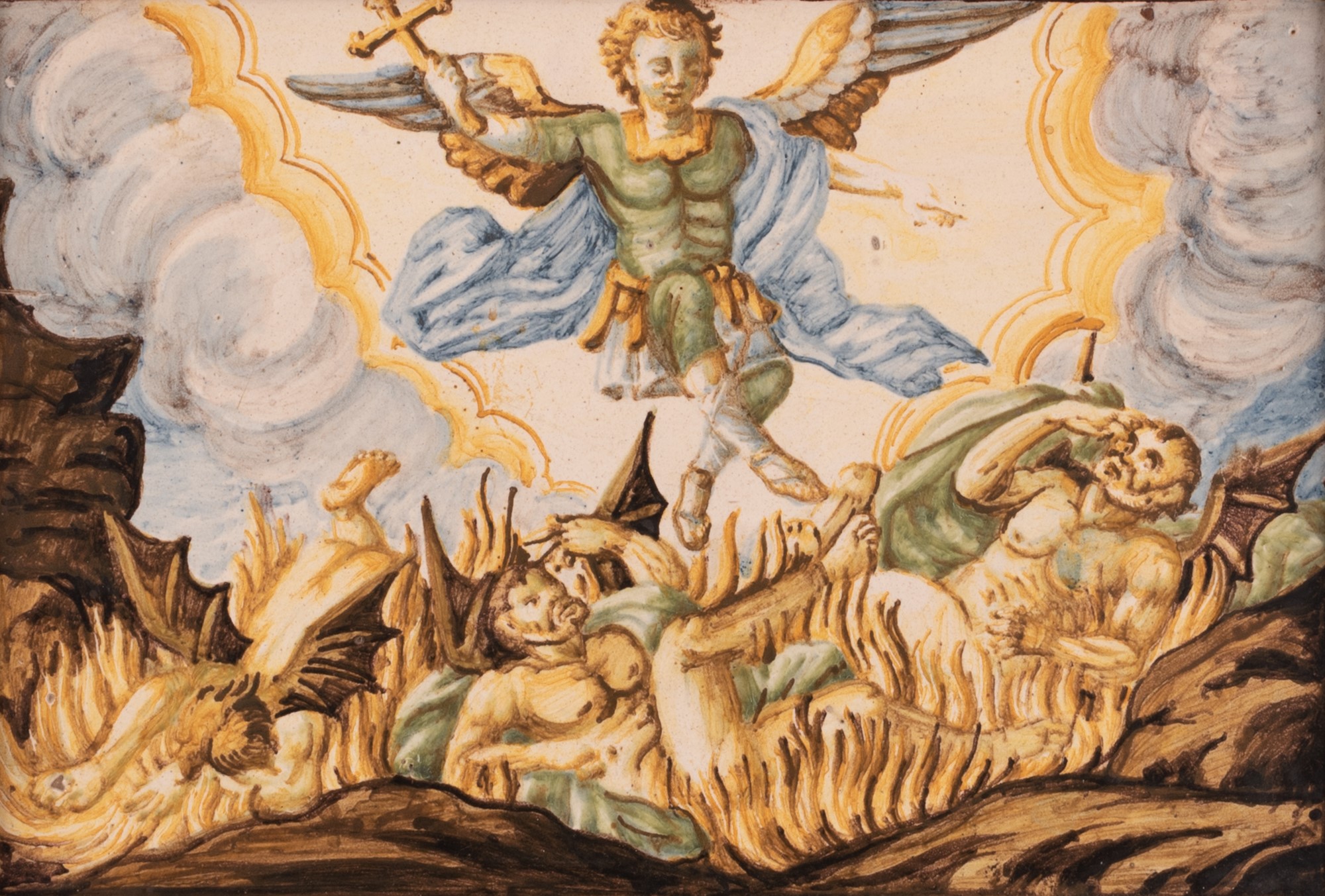 Mattonella maiolicata raffigurante San Michele Arcangelo trionfante