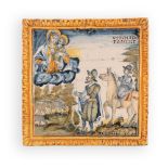 Mattonella "ex voto" in maiolica raffigurante l'apparizione della Vergine con il Bambino Gesù, a du