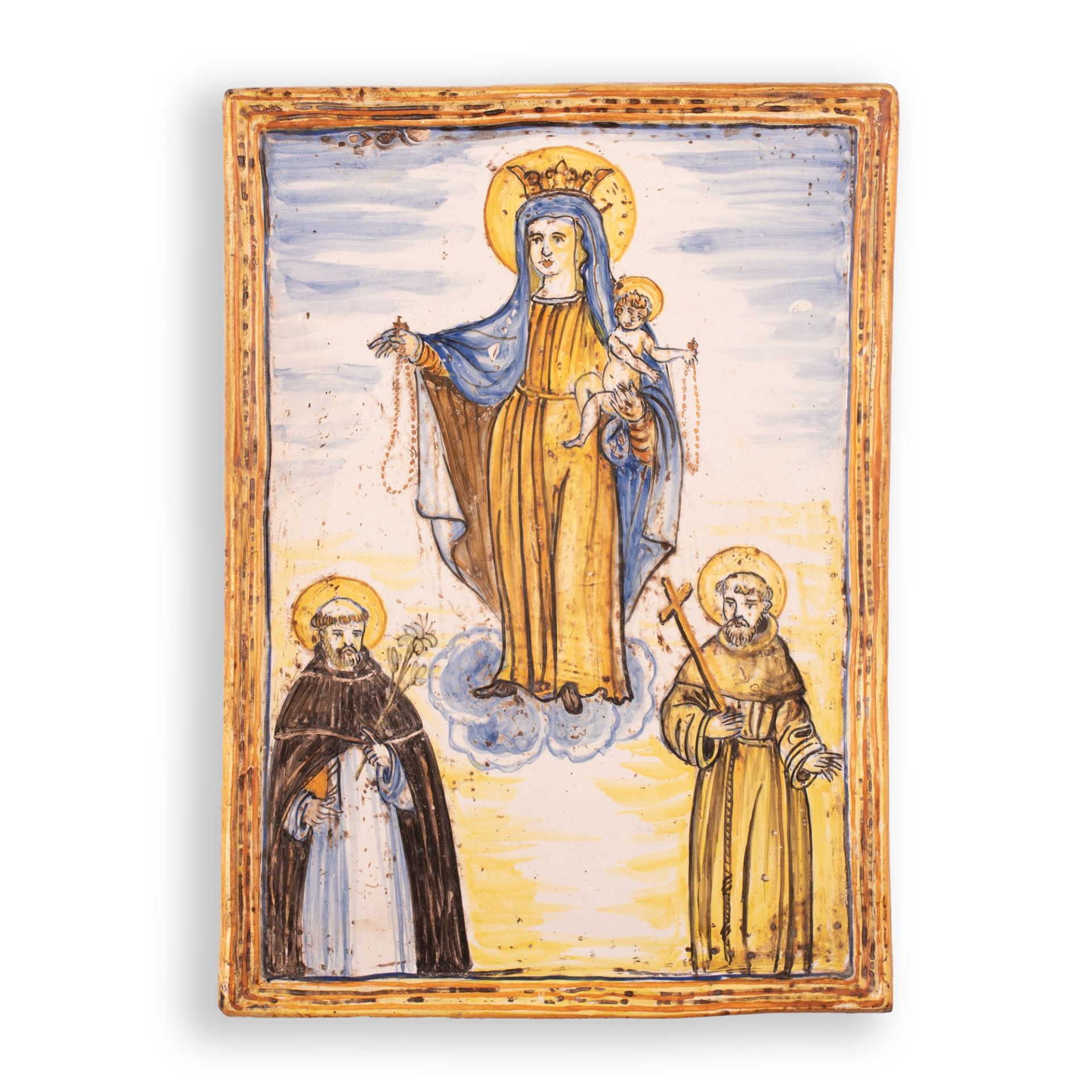 Placca devozionale in maiolica policroma con la rappresentazione della Madonna del Rosario con il Ba