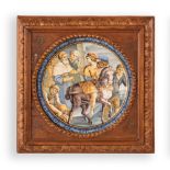 Tondo in maiolica decorata in policromia con la rappresentazione della parabola della partenza del f