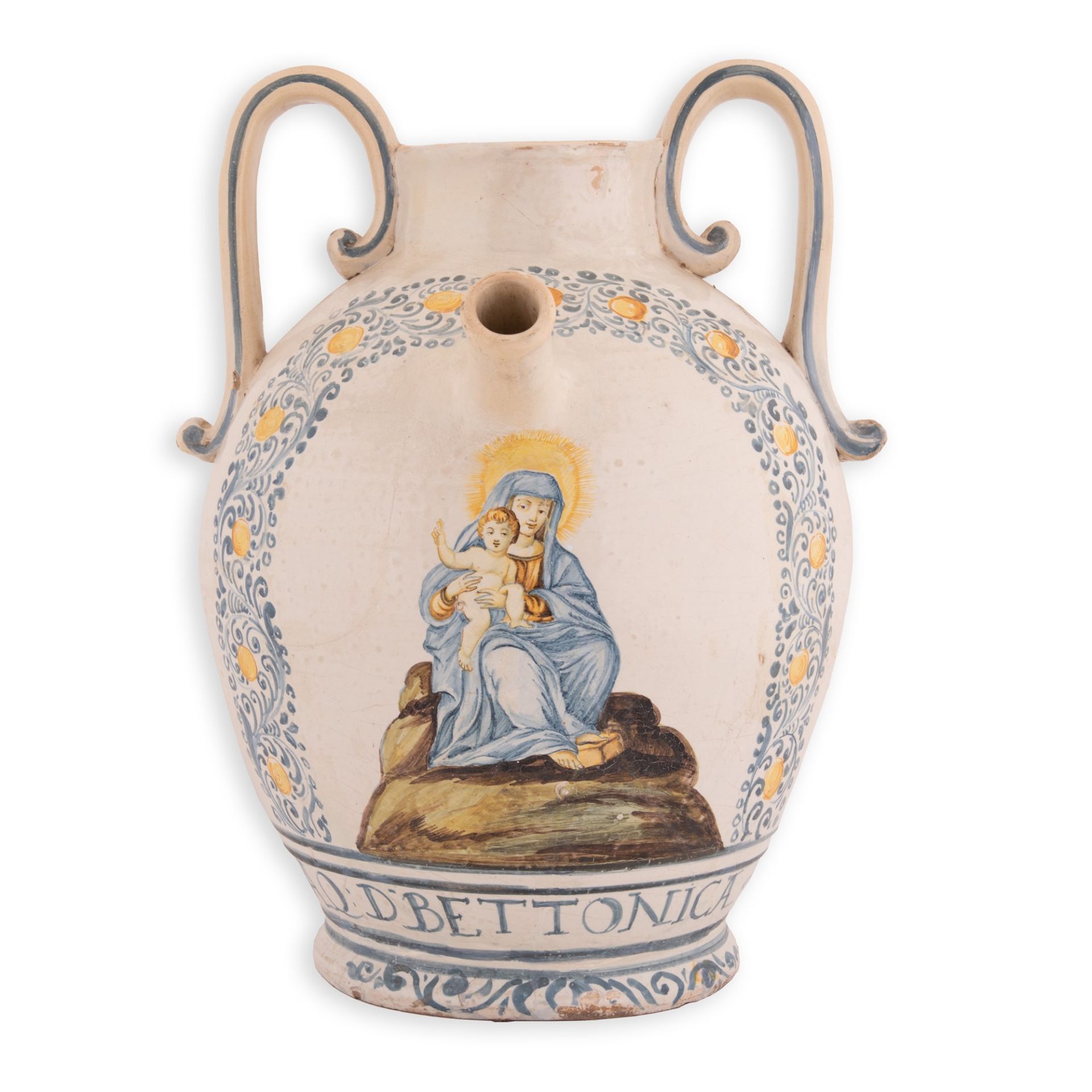 Vaso in maiolica policroma biansato e decorato con la figura della Madonna con Bambino entro ghirlan