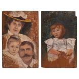 Coppia di dipinti raffiguranti bambina e ritratto di famiglia