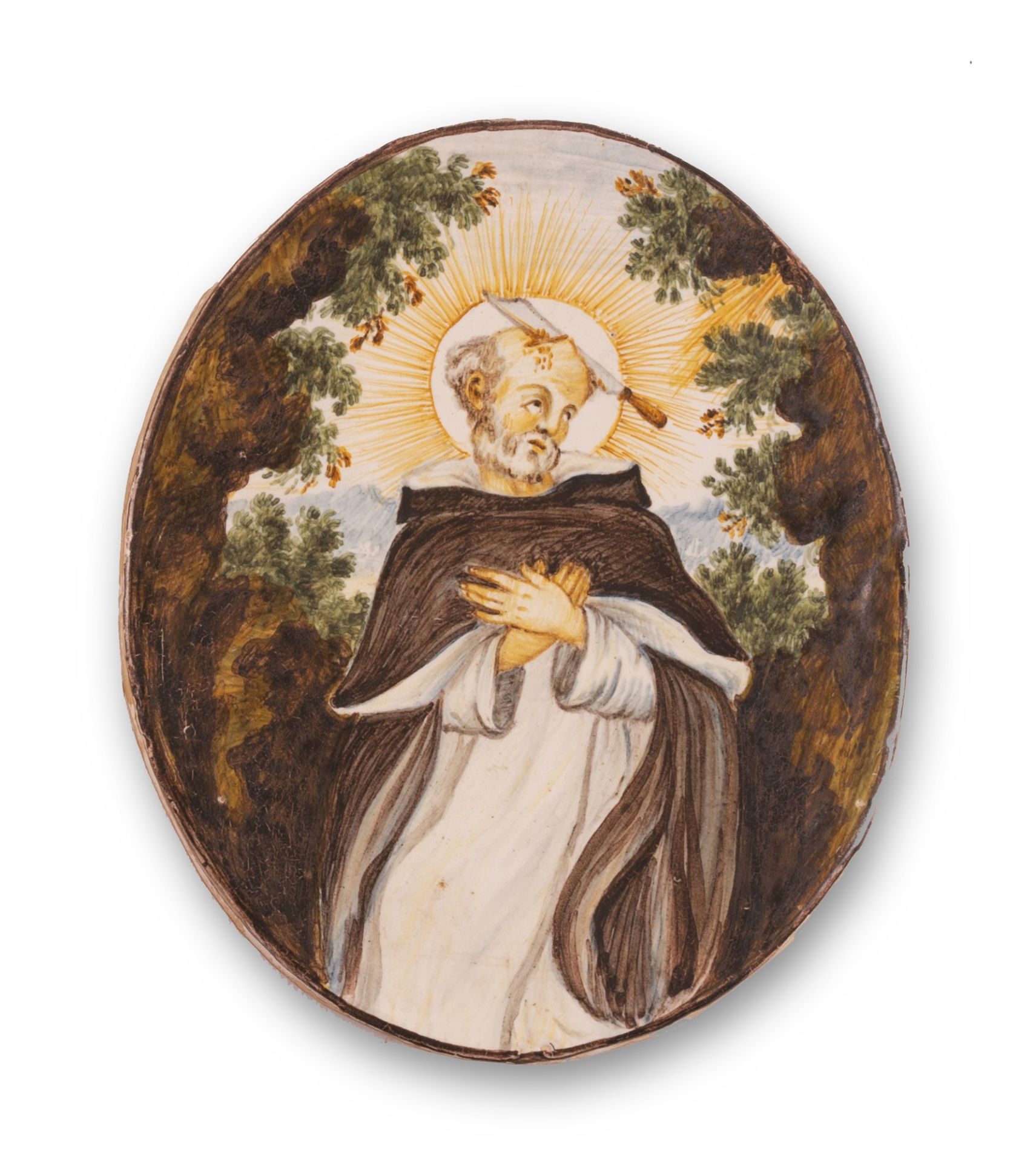 Mattonella maiolicata ovale raffigurante un Santo Vescovo.