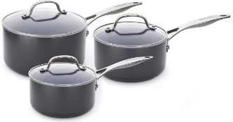 RRP £160 Boxed Green Venice Pro Three Piece Pan Set Not Stick Lidded Saucepan Set (Jg)