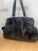 RRP £1200 Prada Side Pocket Tote Shoulder Bag In Black Small Grained Leather With Black Leather