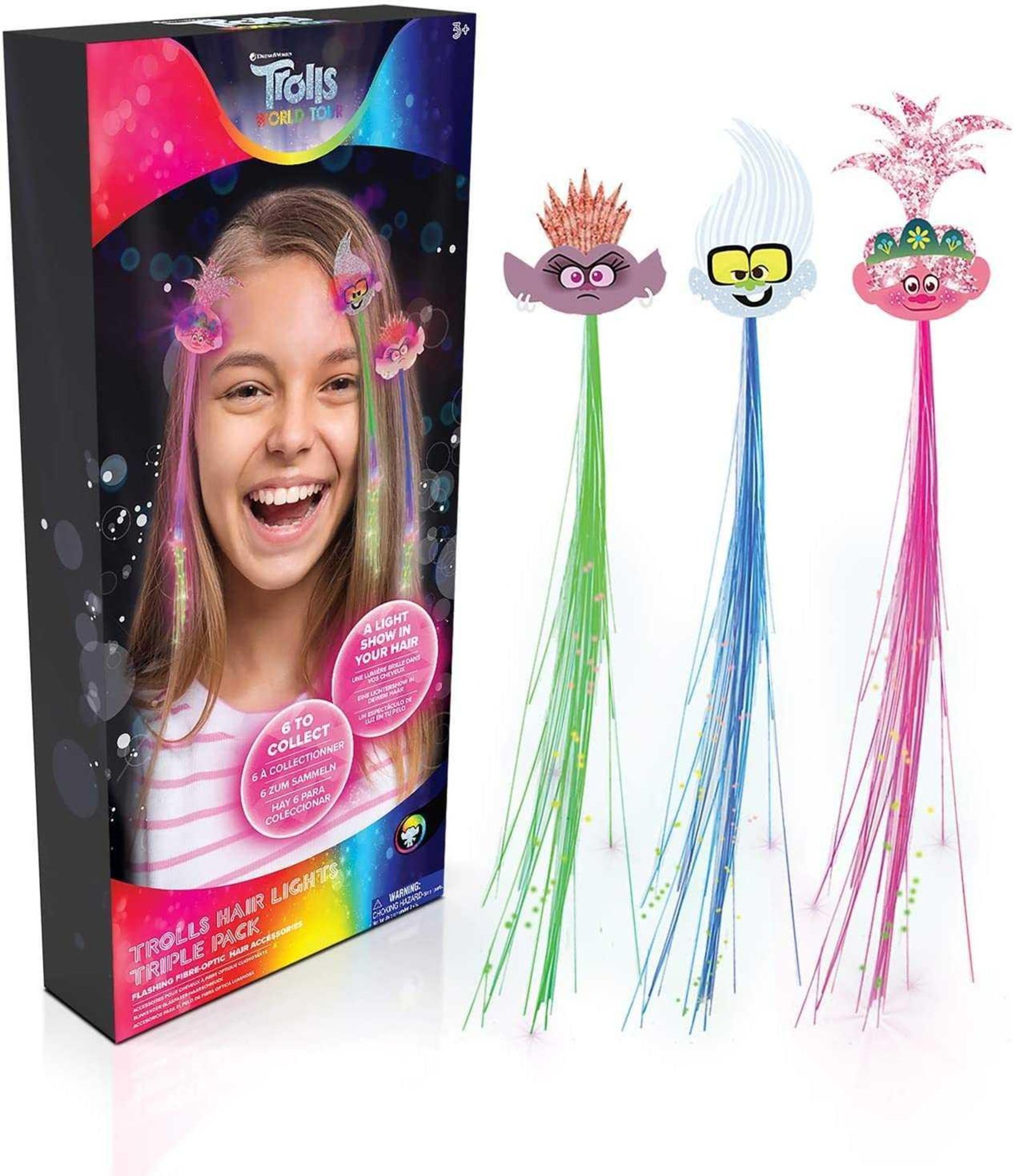 RRP £290 Lot To Contain 20X Boxed Sealed Trolls World Tour Lights-3 Pack Fibre-Optic Hair Extensions