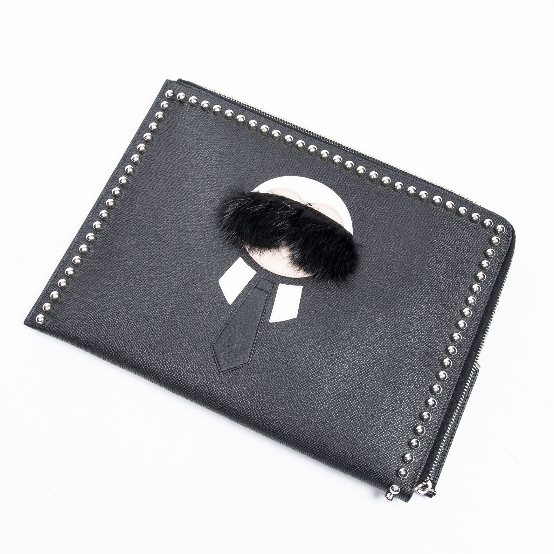 RRP £750 A Black Fendi Karlito Flat Clutch Calf Leather Studded Calfskin Leather 29*22*1cm 29*22*1cm