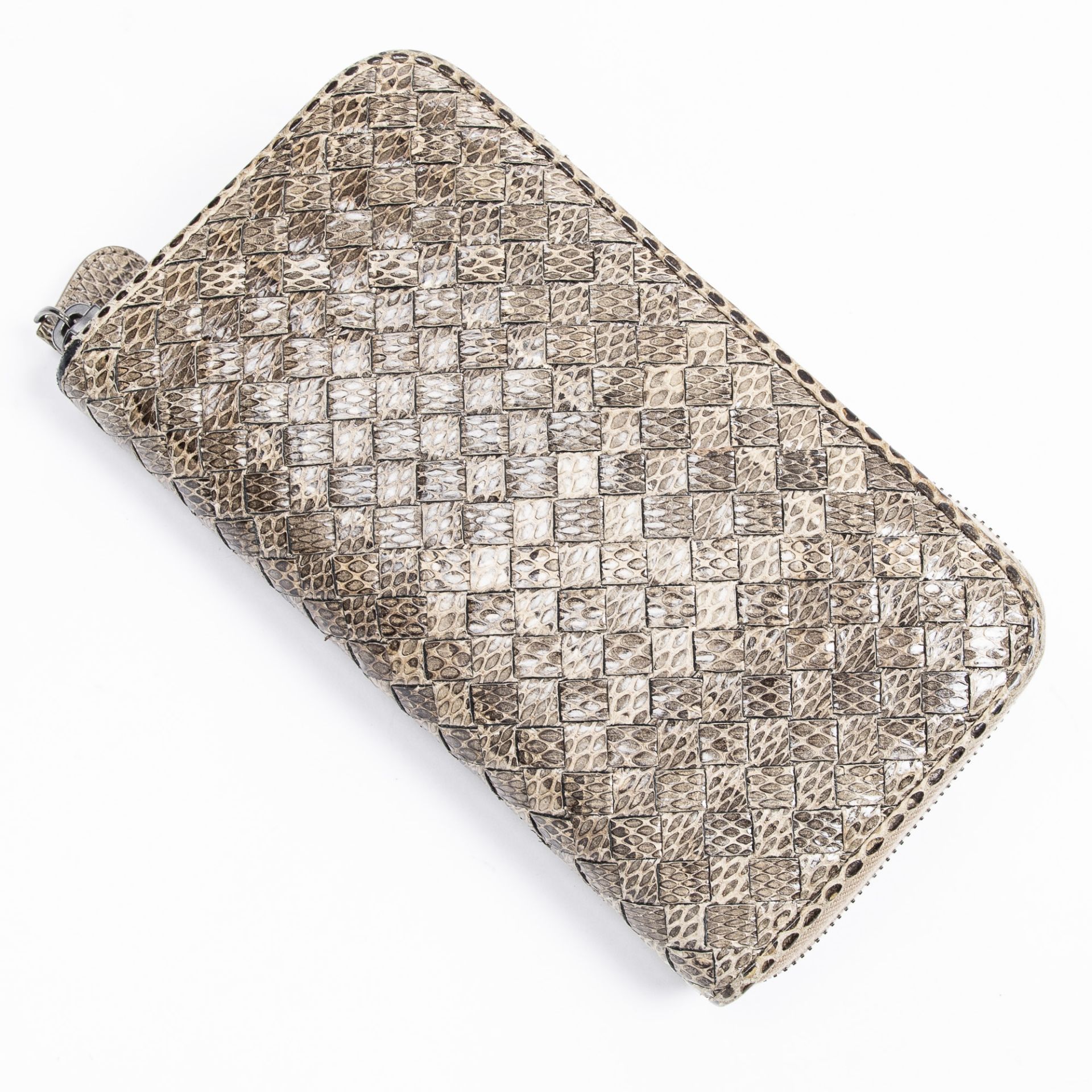 RRP £700 A Bronze Bottega Veneta Zip Around Wallet Calf Leather Python Embossed Intrecciato Leather