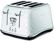 RRP £170 Lot To Contain X2 Items, Delonghi 4 Slice Toaster In White, Dualit 1.7L Kettle In Chrome An
