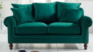 RRP £900 VELVET GREEN 2 SEATER SOFA WITH CUSHIONS