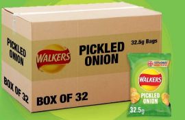 RRP £100 Lot To Contain 6 Boxes Each Containing 32 Packs Of 32.5G Walkers Pickled Onion Flavour Cris