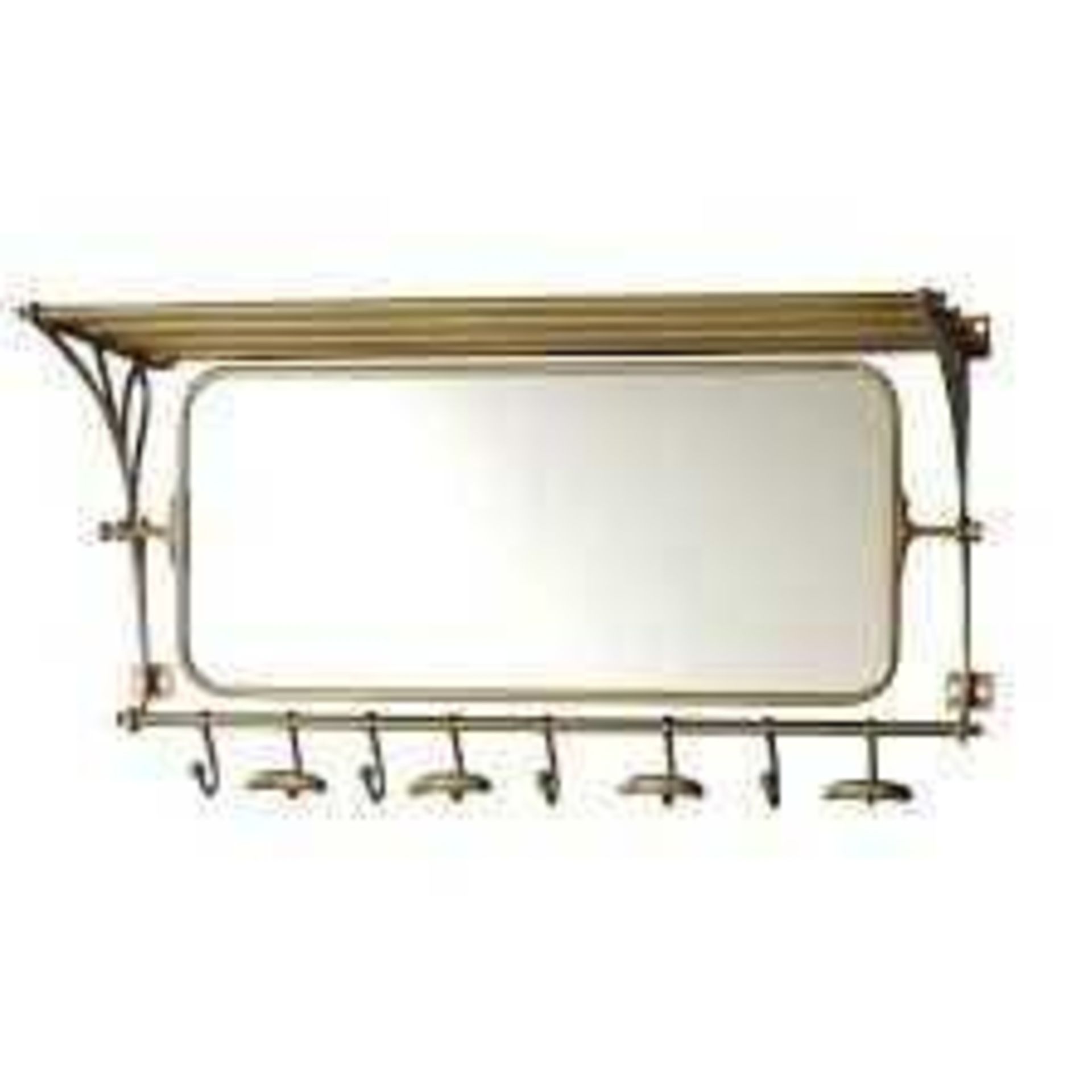 RRP £150 Boxed Rounded Corner Mirror, Coat Hook Shelf With Mirror And House Lozenge Brass Finish