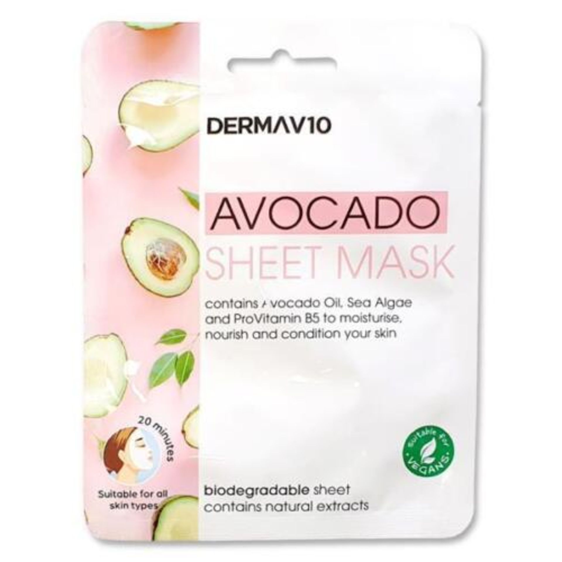 RRP 4.99 ea 48 x Derma V10 Avocado Sheet Masks Contains Avocado Oil, Sea Algae and Provitamin B5