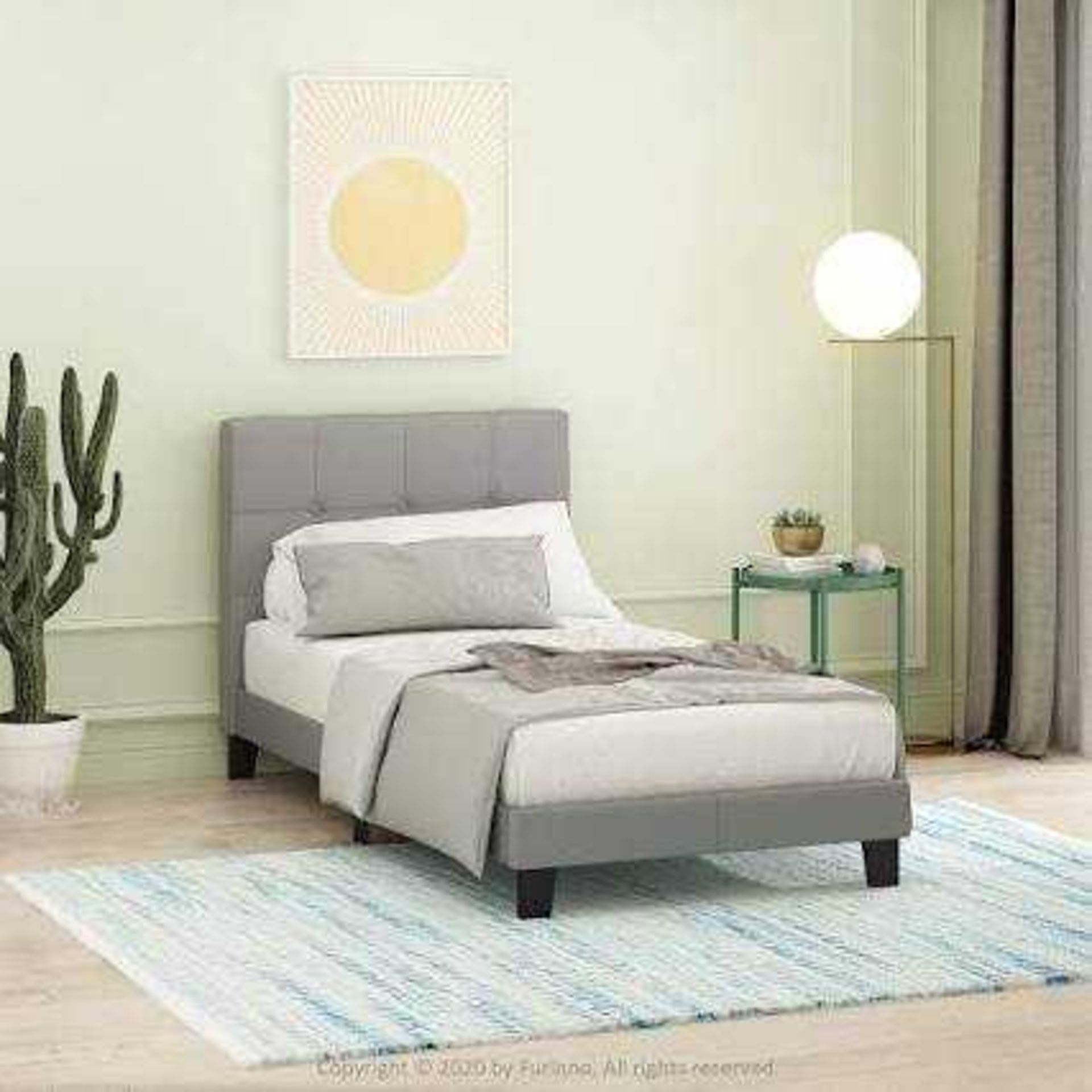 RRP £190 Boxed Furinno Laval Button Tufted Bed Frame, 12Pc Slat Style, Glacier, Single Size, Grey,