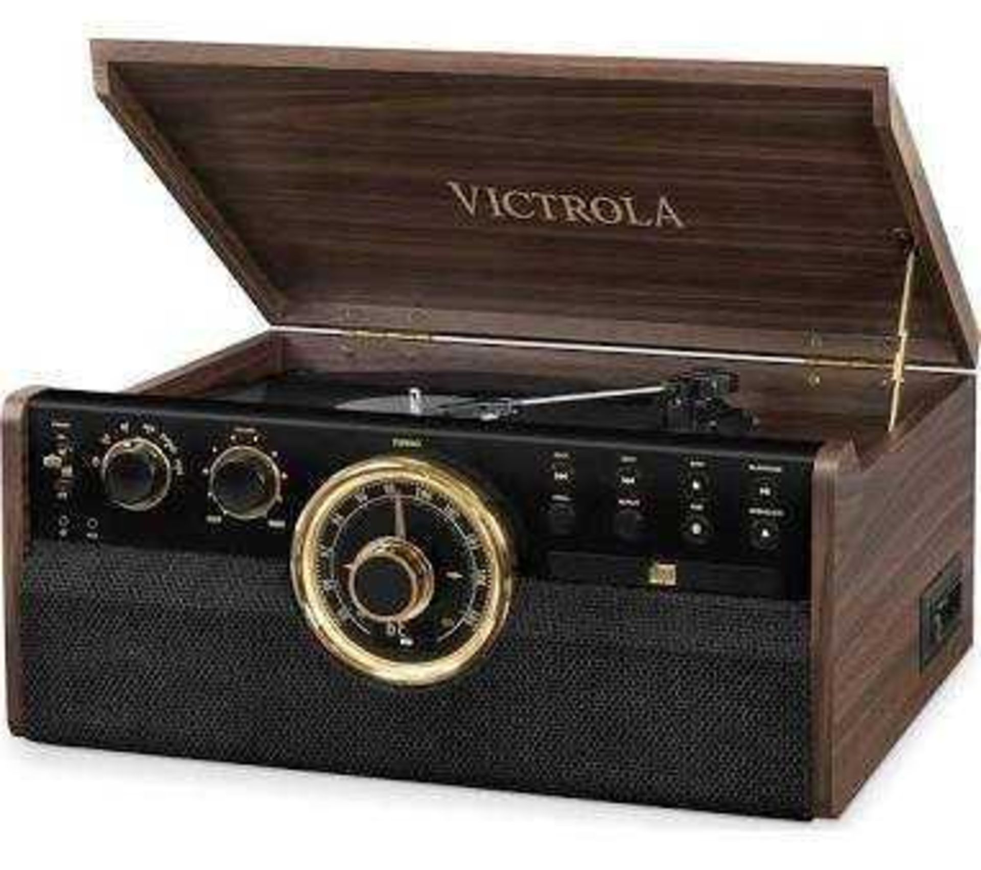 RRP £200 Music Centre With Record Player And Bluetooth Speakers, Black/Gold