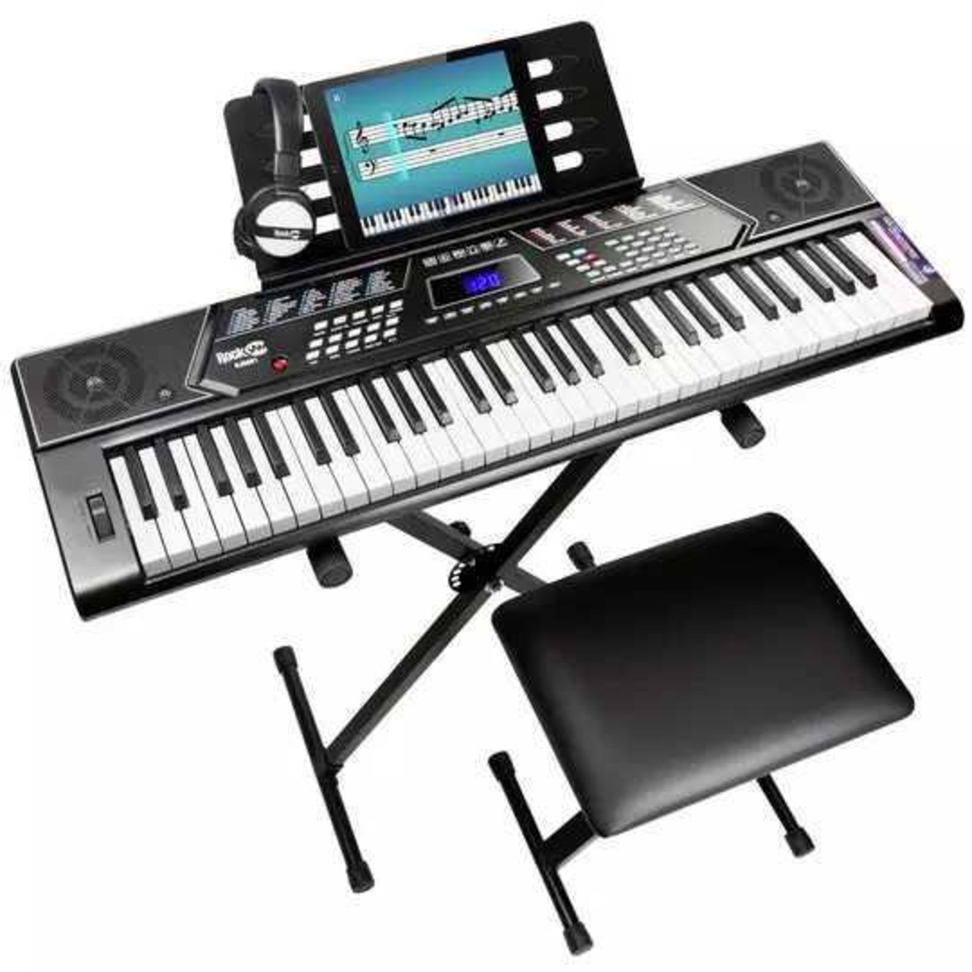 RRP £120 Boxed Rockjam 61 Key Keyboard Piano With Stand, Stool & Headphones
