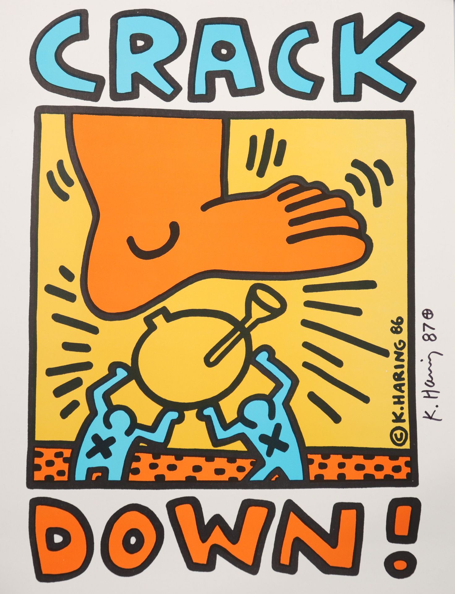 KEITH HARING - Crack Down Charity Poster, 1986 Hand signed by Keith Haring with black marker on pos