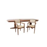 Large design table and chairs (6) in light wood.