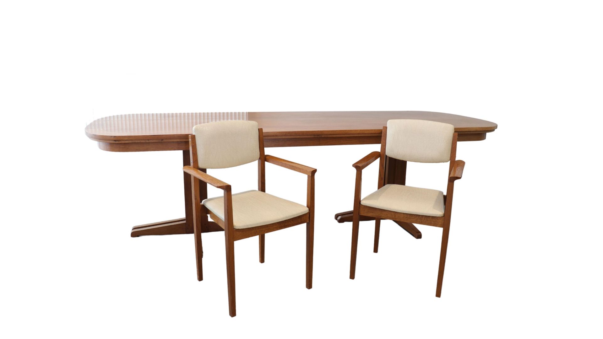 Large design table and chairs (6) in light wood.